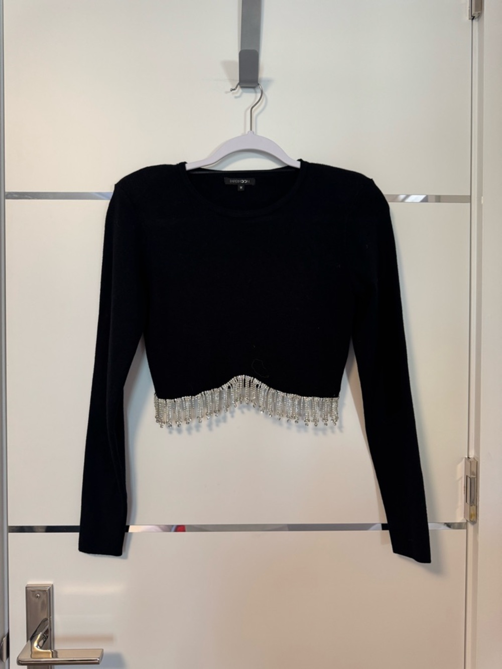 Topshop Black Cropped Long-Sleeve Top with Silver Fringe